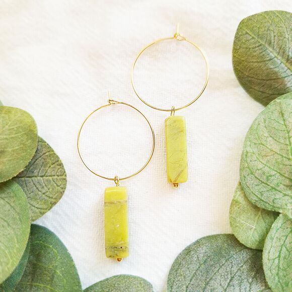 Green Serpentine Gold Hoop Earrings, Minimalist Boho Hoops, Natural Cottagecore - Picture 5 of 9